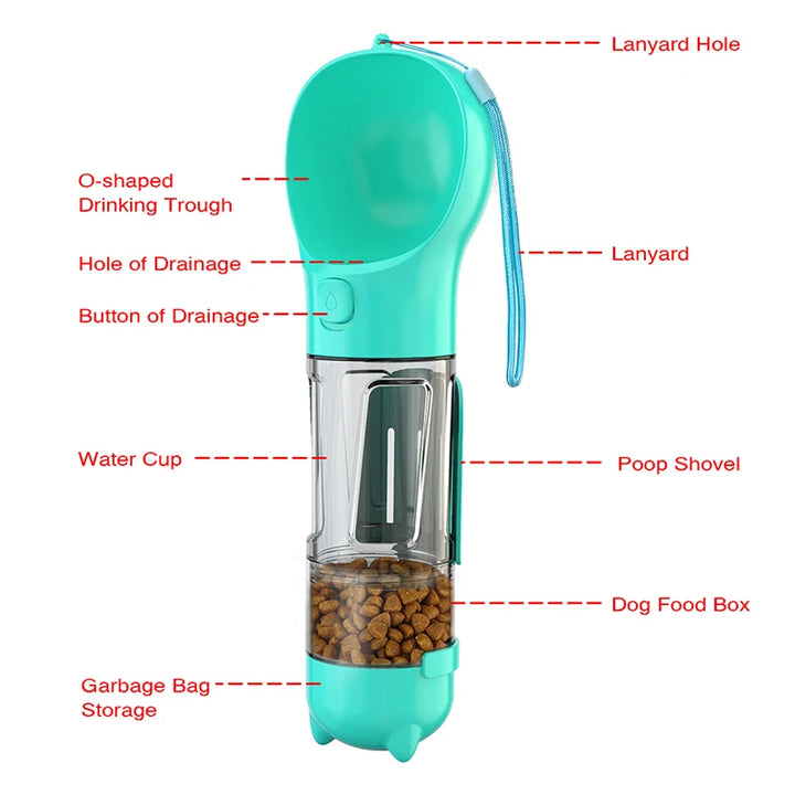 Portable Cat Dog Water Bottle Food Feeder Drinker Poop Dispenser 3 In 1